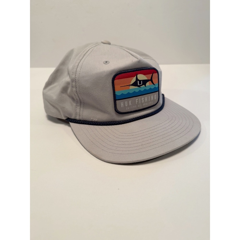 Huk Fishing Marlin Sunset Patch Mens OSFM Gray Navy Strapback Performance Hat